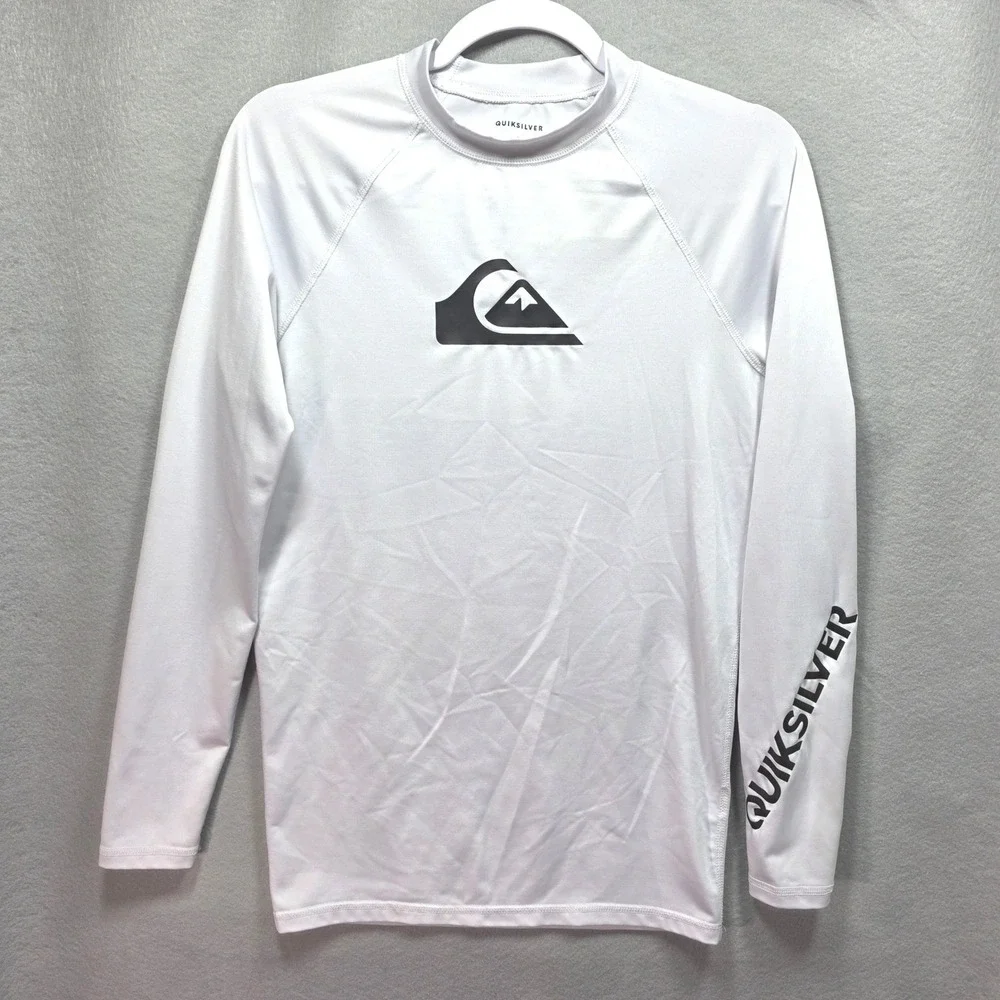 Quiksilver Rash Guard Swim Shirt White Long Sleeve Logo Youth Sz M Retro Coastal